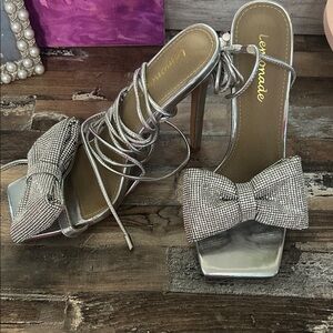 Silver Rhinestone Bow Lace-Up Stilettos